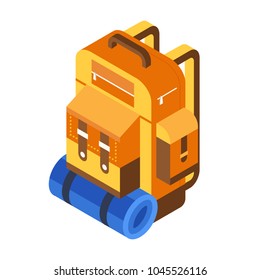 Isometric camping pot on fire icon. Campfire cooking bowl in isometry style.
