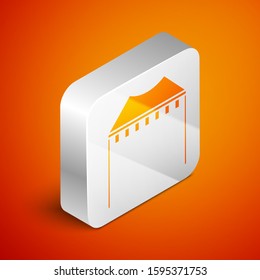 Isometric Camping tent icon isolated on orange background. Carnival camping tent. Amusement park. Silver square button. Vector Illustration