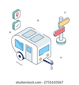 Ilustração de van de acampamento isométrica simbolizando viagens de estrada, viagens e aventuras de lazer