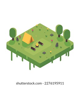 Isometric camping vector illustration. Camping scene with tent, fire, flowers.