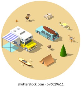 Isometric camping vector illustration set. flat 3d design.