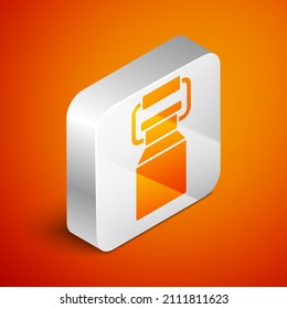 Isometric Can container for milk icon isolated on orange background. Silver square button. Vector