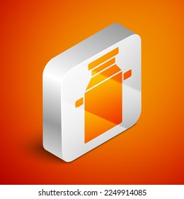 Isometric Can container for milk icon isolated on orange background. Silver square button. Vector