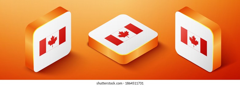 Isometric Canada flag icon isolated on orange background. Orange square button. Vector.