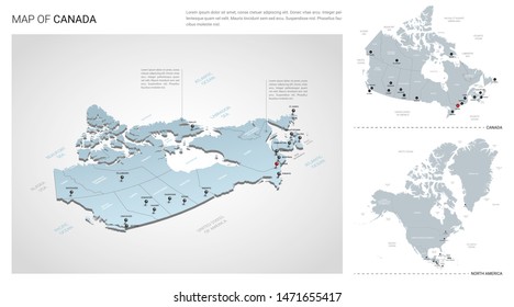 Isometric Canada map with city names and administrative divisions.