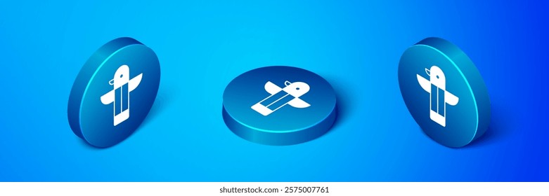 Isometric Canadian totem pole icon isolated on blue background. Blue circle button. Vector