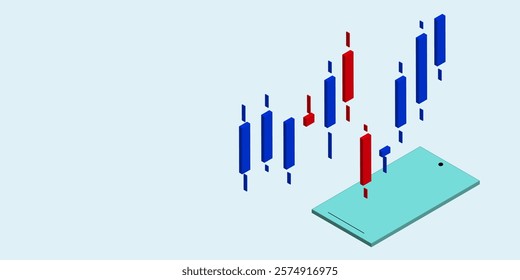 Isometric of a candlestick chart and phone background. 3D icon of chart an mobile phone. Vector illustration.