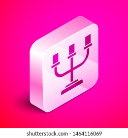 Isometric Candlestick icon isolated on pink background. Silver square button. Vector Illustration