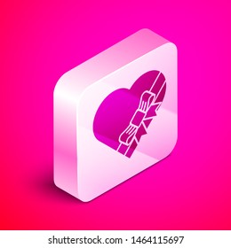 Isometric Candy in heart shaped box and bow icon isolated on pink background. Valentines Day. Silver square button. Vector Illustration