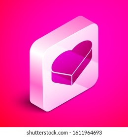 Isometric Candy in heart shaped box and bow icon isolated on pink background. Valentines Day. Silver square button. Vector Illustration