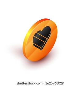 Isometric Candy in heart shaped box icon isolated on white background. Valentines Day. Orange circle button. Vector Illustration