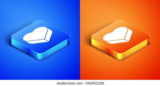 Isometrische Süßigkeiten in herzförmiger Kiste und Bugsymbol einzeln auf blauem und orangefarbenem Hintergrund. Valentinstag. Knopf Quadrat. Vektorgrafik