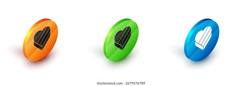 Caramelo isométrico en la caja en forma de corazón y el icono del arco aislado en el fondo blanco. Día de San Valentín. Botón circular. Vector