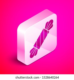 Isometric Candy icon isolated on pink background. Happy Halloween party. Silver square button. Vector Illustration