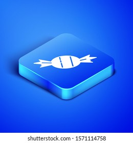 Isometric Candy icon isolated on blue background. Blue square button. Vector Illustration