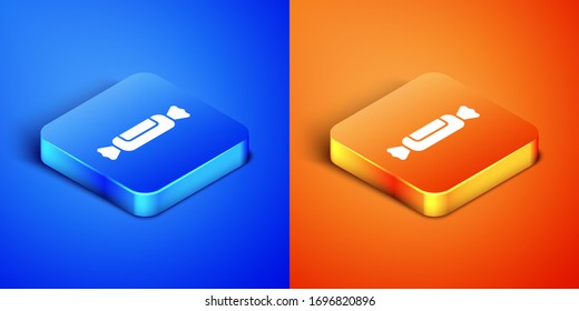 Isometric Candy icon isolated on blue and orange background. Square button. Vector Illustration