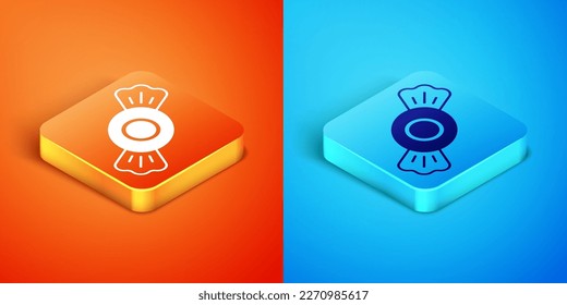 Icono de Candy isométrico aislado en fondo naranja y azul.  Vector