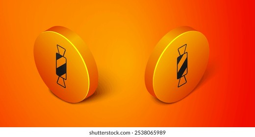 Icono de caramelo isométrico aislado en fondo naranja. Feliz Halloween. Botón de círculo anaranjado. Vector