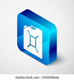 Isometric Canister for gasoline icon isolated on white background. Diesel gas icon. Blue square button. Vector Illustration