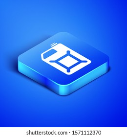 Isometric Canister for gasoline icon isolated on blue background. Diesel gas icon. Blue square button. Vector Illustration