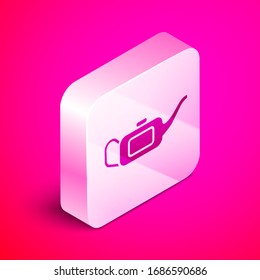 Isometric Canister for motor machine oil icon isolated on pink background. Oil gallon. Oil change service and repair. Silver square button. Vector Illustration