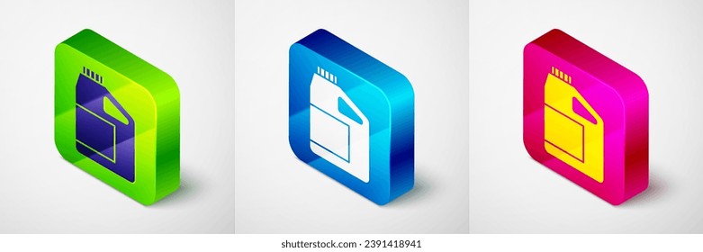 Isometric Canister for motor machine oil icon isolated on grey background. Oil gallon. Oil change service and repair. Engine oil sign. Square button. Vector