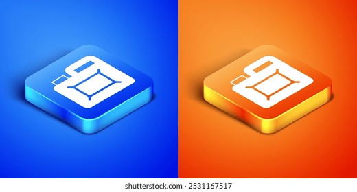 Isometric Canister for motor machine oil icon isolated on blue and orange background. Oil gallon. Oil change service and repair. Engine oil sign. Square button. Vector
