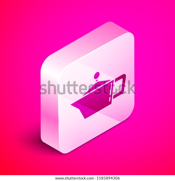 Isometric Canister for motor machine\
oil icon isolated on pink background. Oil gallon. Oil change\
service and repair. Silver square button. Vector\
Illustration