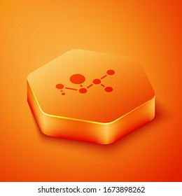Isometric Cannabis molecule icon isolated on orange background. Cannabidiol molecular structures, THC and CBD formula. Marijuana or cannabis. Orange hexagon button. Vector Illustration