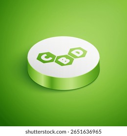 Icono isométrico de la molécula de cannabis aislado sobre fondo verde. Estructuras moleculares de cannabidiol, fórmula de THC y CBD. Letrero de marihuana. Botón de círculo blanco. Ilustración vectorial
