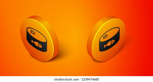 Isometric Canned fish icon isolated on orange background. Orange circle button. Vector