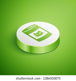 Isometric Canned food for cat icon isolated on green background. Food for animals. Pet dog food can. White circle button. Vector Illustration