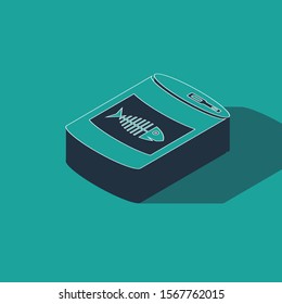 Isometric Canned food for cat icon isolated on green background. Fish skeleton sign. Food for animals. Pet dog food can.  Vector Illustration