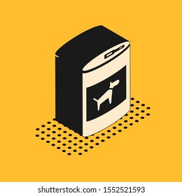 Isometric Canned food for dog icon isolated on yellow background. Food for animals. Pet dog food can.  Vector Illustration