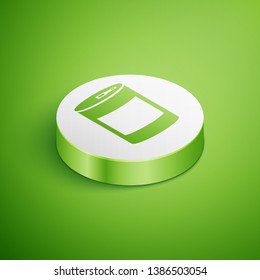 Isometric Canned food icon isolated on green background. Food for animals. Pet food can. White circle button. Vector Illustration