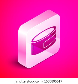 Isometric Canned food icon isolated on pink background. Food for animals. Pet food can. Silver square button. Vector Illustration