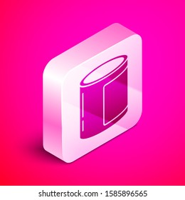 Isometric Canned food icon isolated on pink background. Food for animals. Pet food can. Silver square button. Vector Illustration