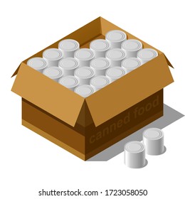 Isometric canned food placed in open cardboard box isolated on white background.