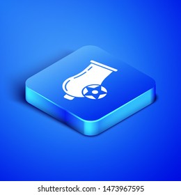 Isometric Cannon icon isolated on blue background. Blue square button. Vector Illustration
