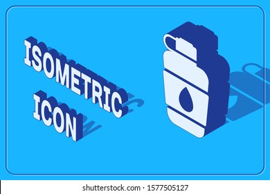 Isometric Canteen water bottle icon isolated on blue background. Tourist flask icon. Jar of water use in the campaign.  Vector Illustration