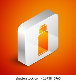 Isometric Canteen water bottle icon isolated on orange background. Tourist flask icon. Jar of water use in the campaign. Silver square button. Vector Illustration