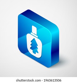 Isometric Canteen water bottle icon isolated on grey background. Tourist flask icon. Jar of water use in the campaign. Blue square button. Vector Illustration