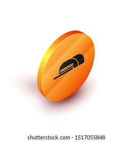 Isometric Cap with inscription director icon isolated on white background. Orange circle button. Vector Illustration