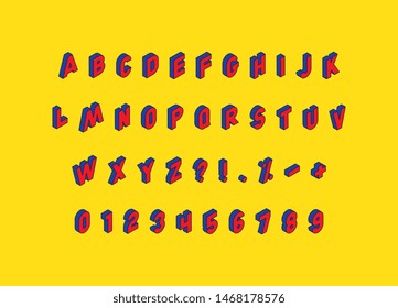 isometric capital letters, numbers and signs in retro comics style on yellow background. trendy vintage vector alphabet easy to edit and customize. eps 10