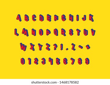 isometric capital letters, numbers and signs in retro comics style on yellow background. trendy vintage vector alphabet easy to edit and customize. eps 10