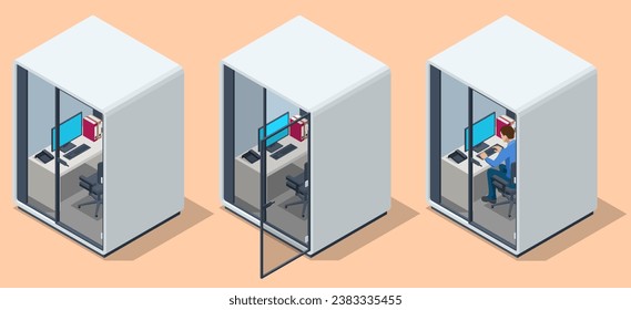 Isometric Capsule Office Pod. Movable Portable Meeting Soundproof Booth Acoustic Private Office Meeting Pod Phone Booth Office Working Studio Sound Booth.