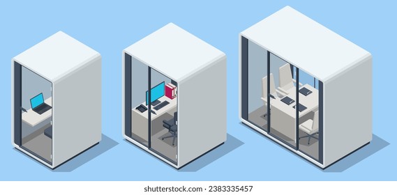 Isometric Capsule Office Pod. Movable Portable Meeting Soundproof Booth Acoustic Private Office Meeting Pod Phone Booth Office Working Studio Sound Booth.