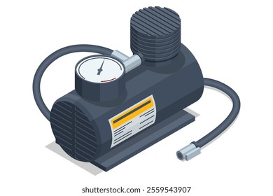 Isometric car air compressor with a pressure gauge and hose. This portable tool is used for inflating tires and maintaining proper air pressure. Tire Inflator, Compact and Portable, Automatic Shut Off