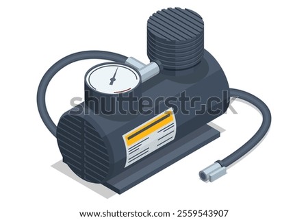 Isometric car air compressor with a pressure gauge and hose. This portable tool is used for inflating tires and maintaining proper air pressure. Tire Inflator, Compact and Portable, Automatic Shut Off