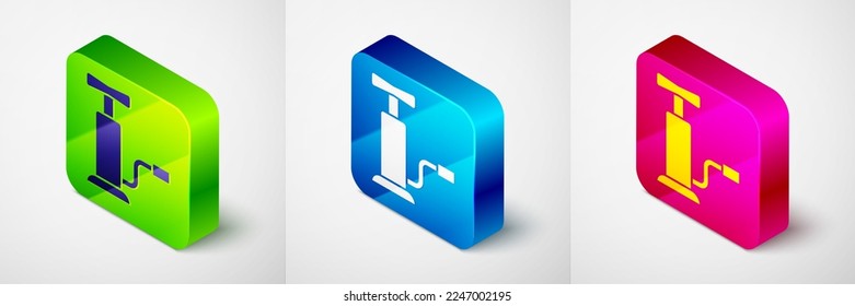 Isometric Car air pump icon isolated on grey background. Square button. Vector